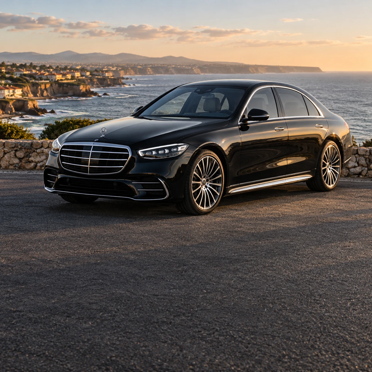 Imagem ilustrativa de um Mercedes Classe S de luxo junto à costa portuguesa