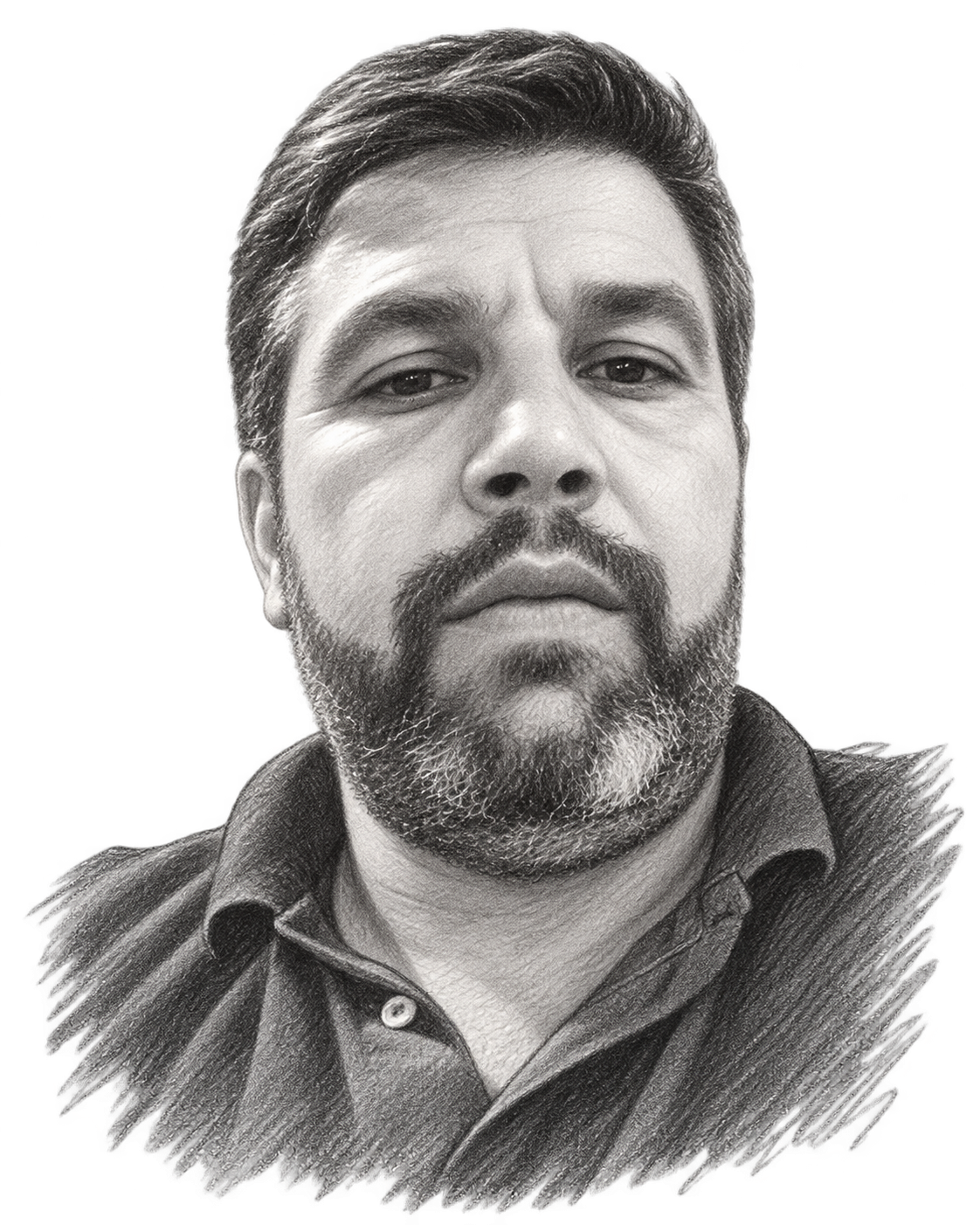 Retrato de Nuno Batista desenhado a lápis, a preto e branco