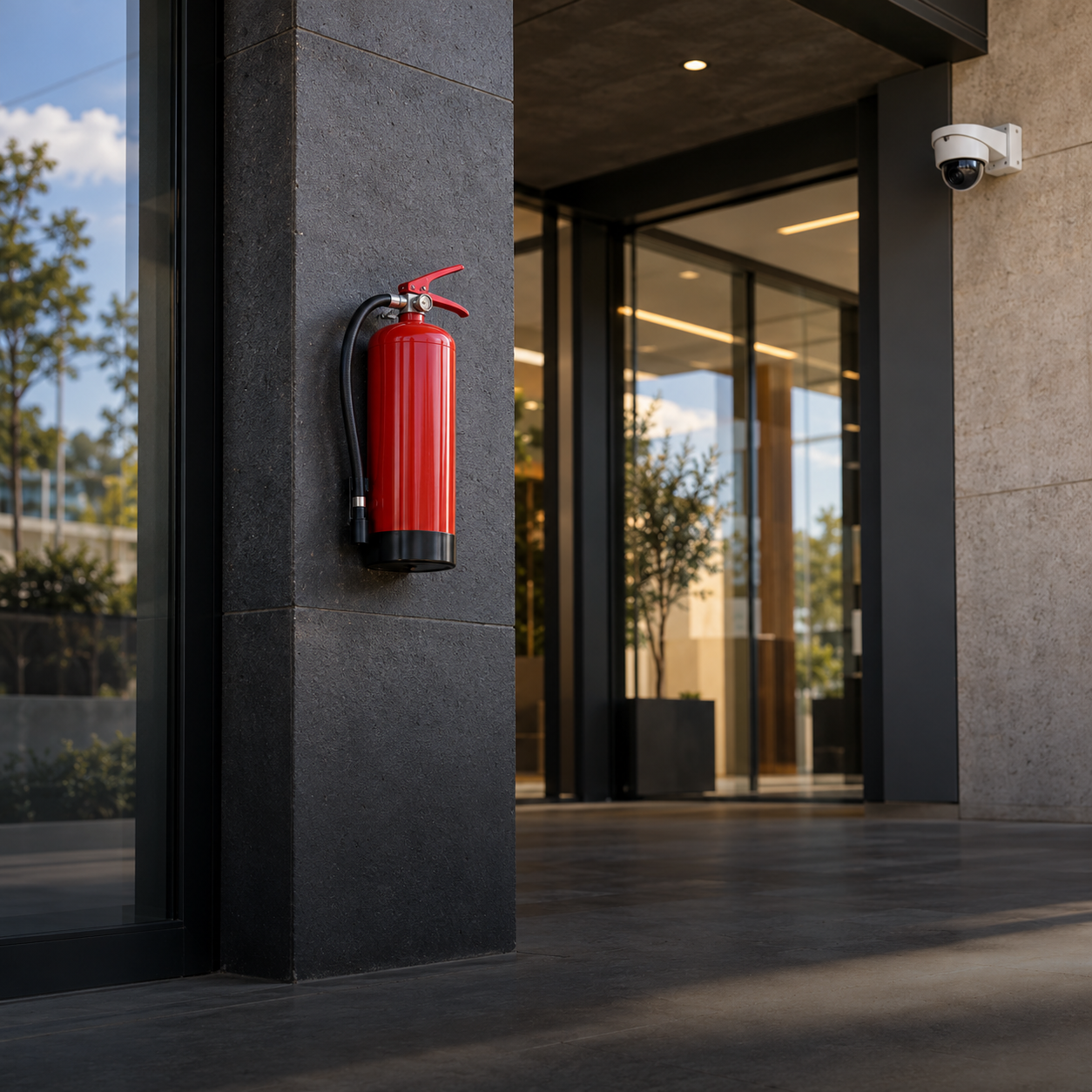 Imagem ilustrativa de proteção contra incêndios e videovigilância num edifício comercial
